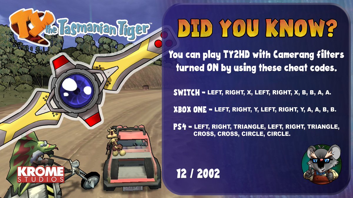 Did you know? You can play TY2HD with Camerang filters turned ON by using these cheat codes. Switch - Left, Right, X, Left, Right, X, B, B, A, A. Xbox One - Left, Right, Y, Left, Right, Y, A, A, B, B. PS4 - Left, Right, Triangle, Left, Right, Triangle, Cross, Cross, Circle, Circle.
