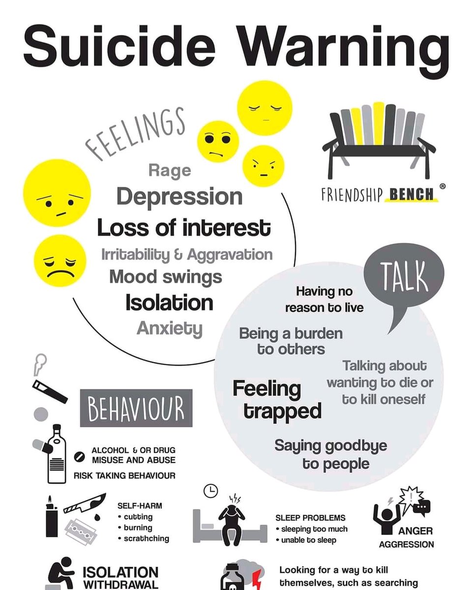 tendaicarltons's tweet photo. Poster - @friendshipbench
Suicide is not a mental illness but a serious potential consequence of treatable mental disorders-https://t.co/mkahbJyVKS
#talk2someone (this goes 2 way - reach out) https://t.co/VqL6re5lCi