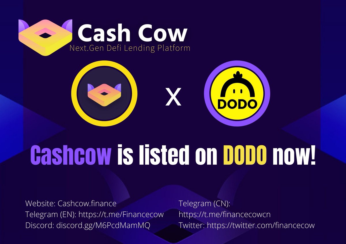 Cashcow is happy that we are now listed on DODO app.dodoex.io/exchange/CCF-B…

#cashcow #DeFi #Blockchain #BSC #BSCGems