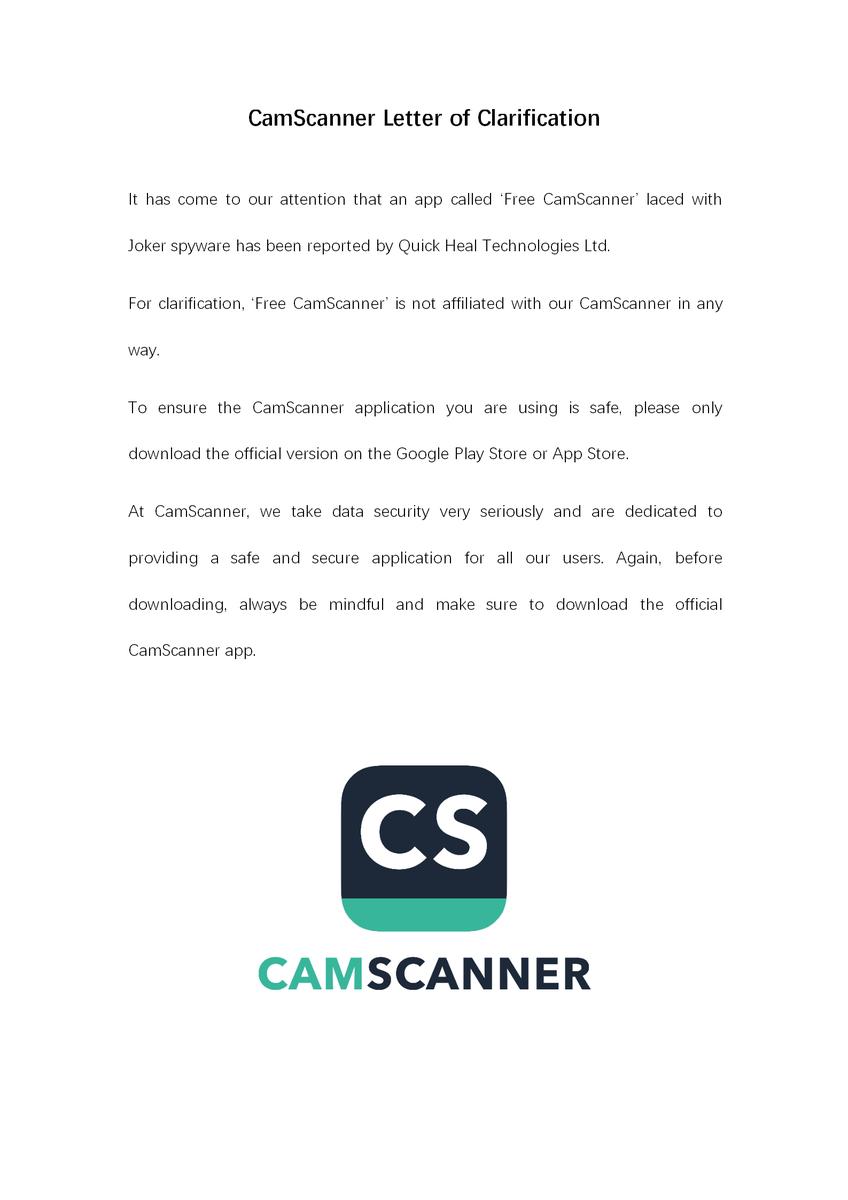 CamScanner's tweet photo. It has come to our attention that an app called ‘Free CamScanner’ laced with Joker spyware has been reported by Quick Heal Technologies Ltd. 
For clarification, ‘Free CamScanner’ is not affiliated with our CamScanner in any way.@CNEWS @cnbcindonesia @WagimanDeep212_  @_SEKNAS_RI https://t.co/8boSrfCV9c