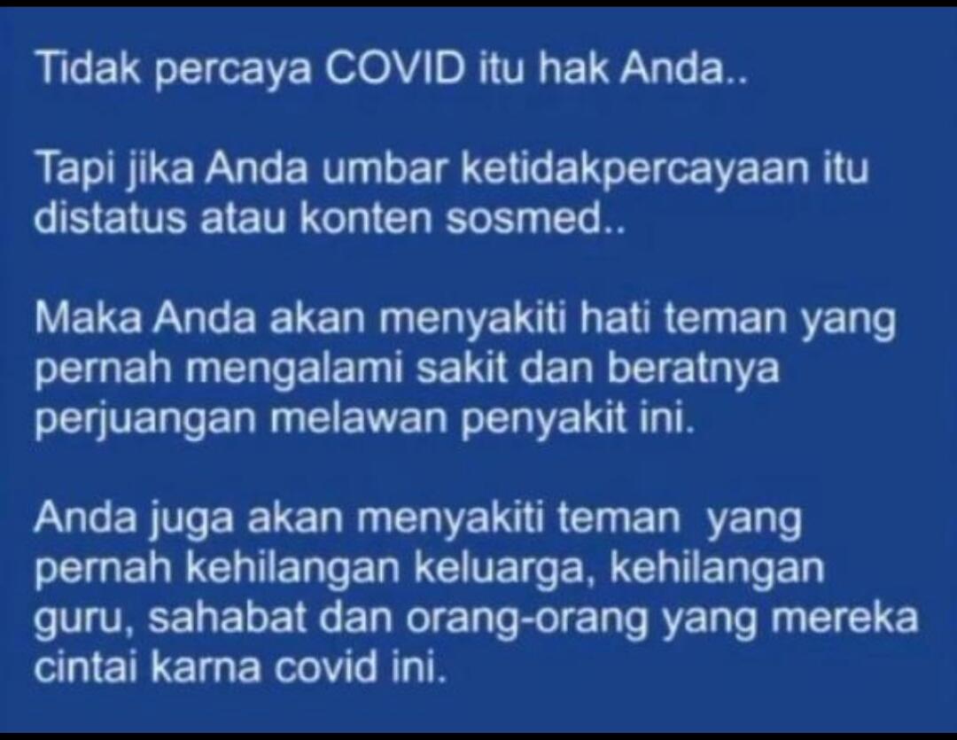 Msh byk masyarakat yg abai
Bahkan tak percaya covid

Semengerikan apa sih covid itu?

Yg paling ringan

Bayangkan...
Badan Anda sehat tapi makan+minum tak merasakan apapun, hambar smua tak ada rasa.

Tak ada lg kenikmatan Indom*e di hari-harimu

😥😥😥