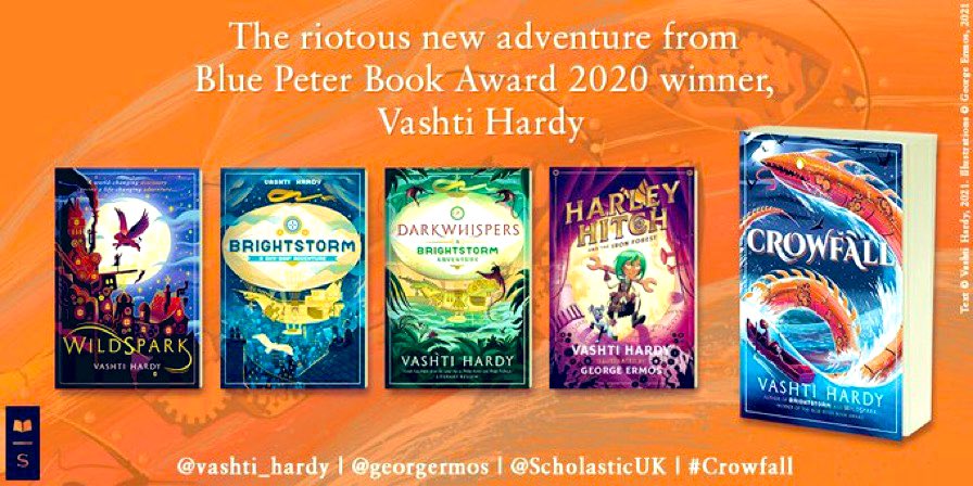 It’s CROWFALL PUBLICATION DAY! I can’t believe it but 5 books out now with <a href="/scholasticuk/">Scholastic UK</a> ! Thank you for your incredible crew support everyone. Time to save home with a small boat, a boy, a robot &amp; a sea monster… 🌊🌱🤖⚙️🐉
All covers illustrated by the sparkling  <a href="/georgermos/">George ermos</a> 🌟