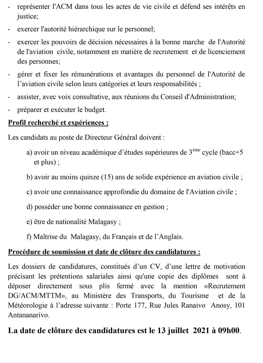 MttmMadagascar's tweet photo. Avis de recrutement pour le poste de Directeur Général de l'Aviation Civile de Madagascar
#ACM #Aérien #Madagascar #MTTM https://t.co/OX1HFi30SO