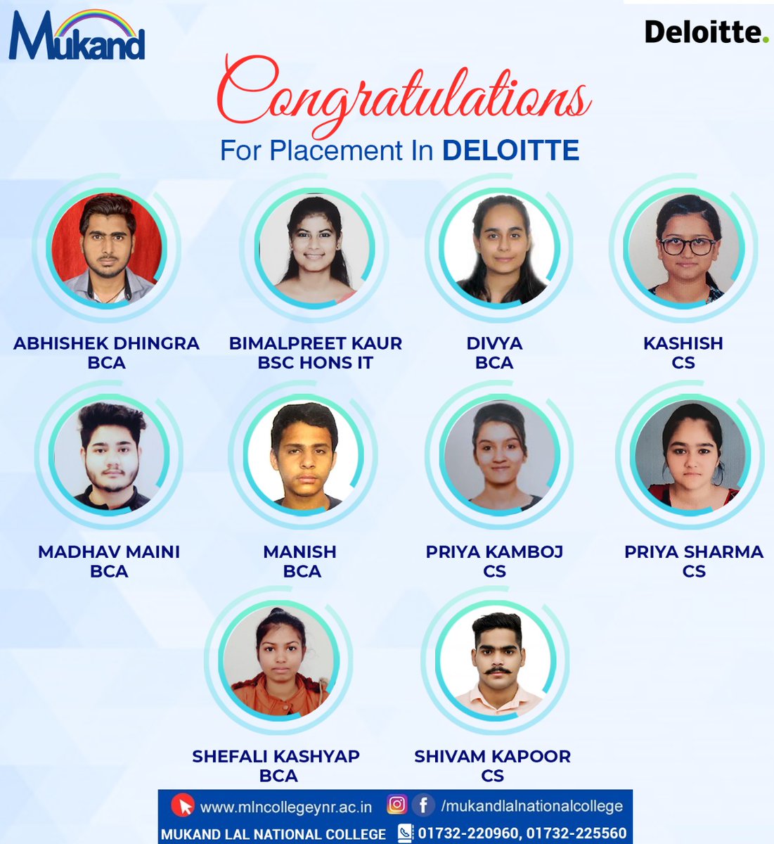 MLNcollege's tweet photo. #Placement2021
Ten students of our college have been selected in Deloitte. We wish them the best of luck for their bright future ahead.
.
#Congratulations #MukandLalNationalCollege #CollegeInHaryana #GraduationCollege #PostgraduationCollege #Placements https://t.co/nQyae9lb3y