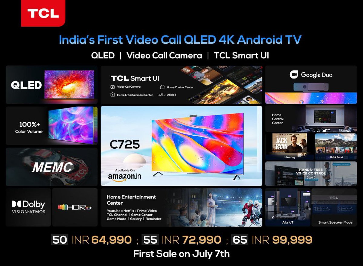 techscico's tweet photo. TCL brings its premium C Series range of 4K TVs to India

C825 - Mini LED QLED 4K Android 11 TV
C728 - Gaming QLED 4K Android 11
C725 - Video Call QLED 4K Android 11 TV

Prices starts from ₹64,990

#TechSciCo
#TCL #TCLtv #MiniLEDMegaPossiblities https://t.co/W2nsXSZM3f