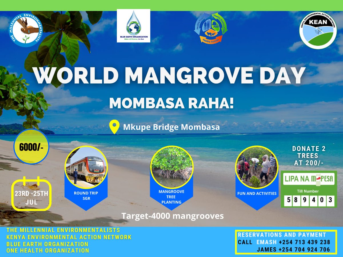 🗓On 26th July, we will be celebrating Mangroves.
How about doing it earlier?🤔
🌱🌱KEAN The Millennial Environmentalists (TME), Blue Earth Organization (BEO), and One Health Organization will be having mangrove planting near Mkupe Bridge, on 24th July 2021. 🌱🌱