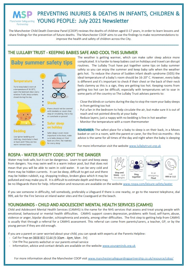 The Manchester Child Death Overview Panel (CDOP) aims to prevent child deaths and improve the safety of children across the City. Take a look at the latest Manchester CDOP Newsletter - Preventing Injuries &amp; Deaths in Children &amp; Young People 

…nchestersafeguardingpartnership.co.uk/resource/cdop/
