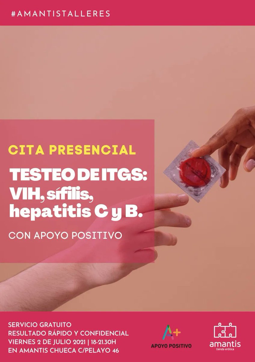 amantis_net's tweet photo. ¡Ojito, #Madrid!

Pásate por #amantisChueca este viernes 2 de julio entre las 18 y las 21.30h y hazte un test rápido de las siguientes ITGs: VIH, sífilis, hepatitis C y B. 

Con @Apoyopositivo

https://t.co/IHEHJz5zxk https://t.co/tDPPTWNwGX