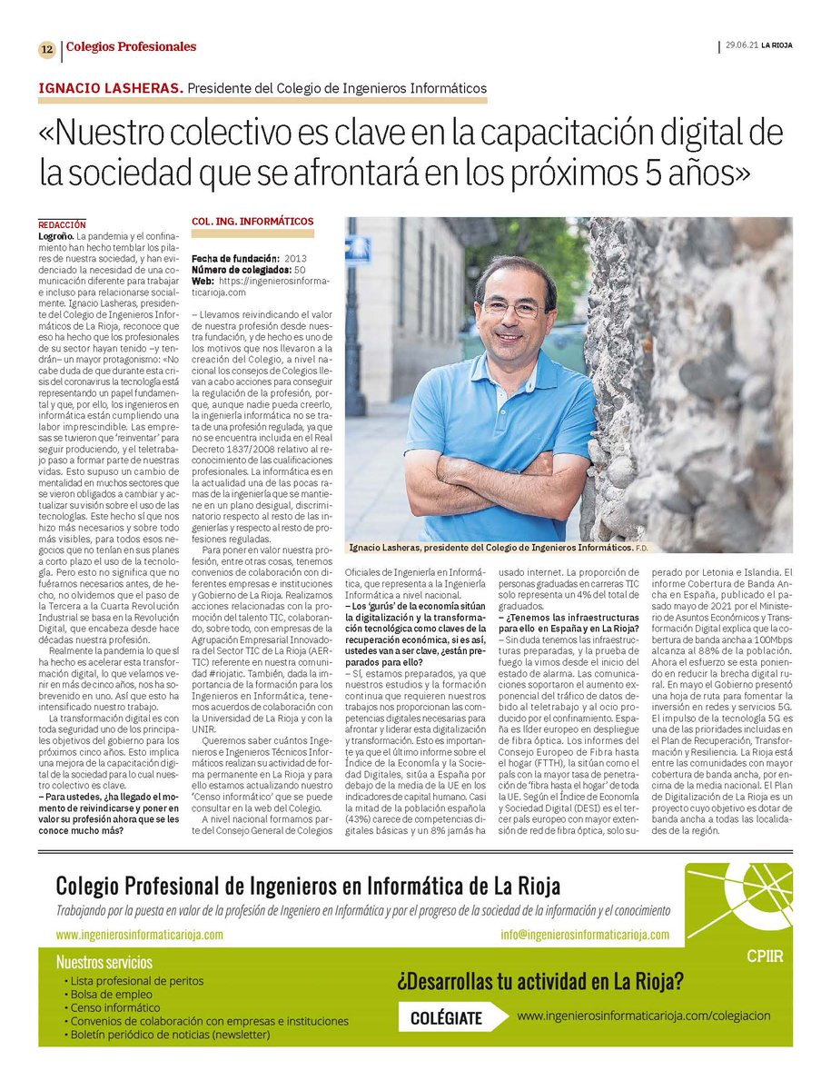 CPIIR_CPITIR's tweet photo. entrevista a nuestro presidente @nlasherashe en el suplemento de colegios profesionales del diario @lariojacom @cciinfor #InformaticaSolucionYA #esIngenieria #ponuningenieroinformaticoentuvida https://t.co/ipqX59ttwN https://t.co/QEUzq1Nmuc