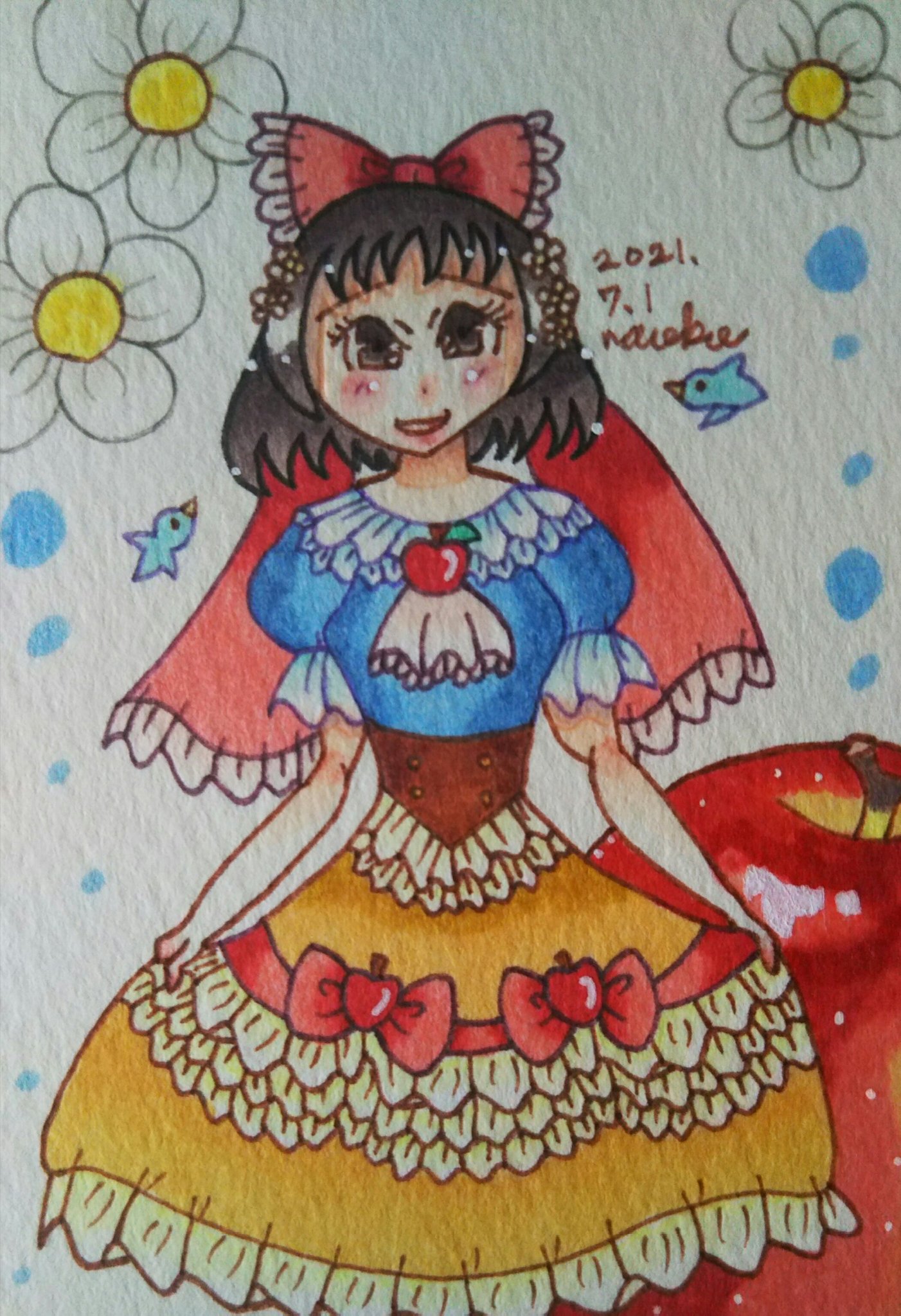 なおこ A Tuwita お祝いの日の白雪姫 久々に白雪姫が描きたくなって 確か 最後に王子様と結婚する話だったなあって思い出して リボンをベールのようにしました リンゴの艶っと感がお気に入りです イラスト コピック イラスト コピック 白雪姫