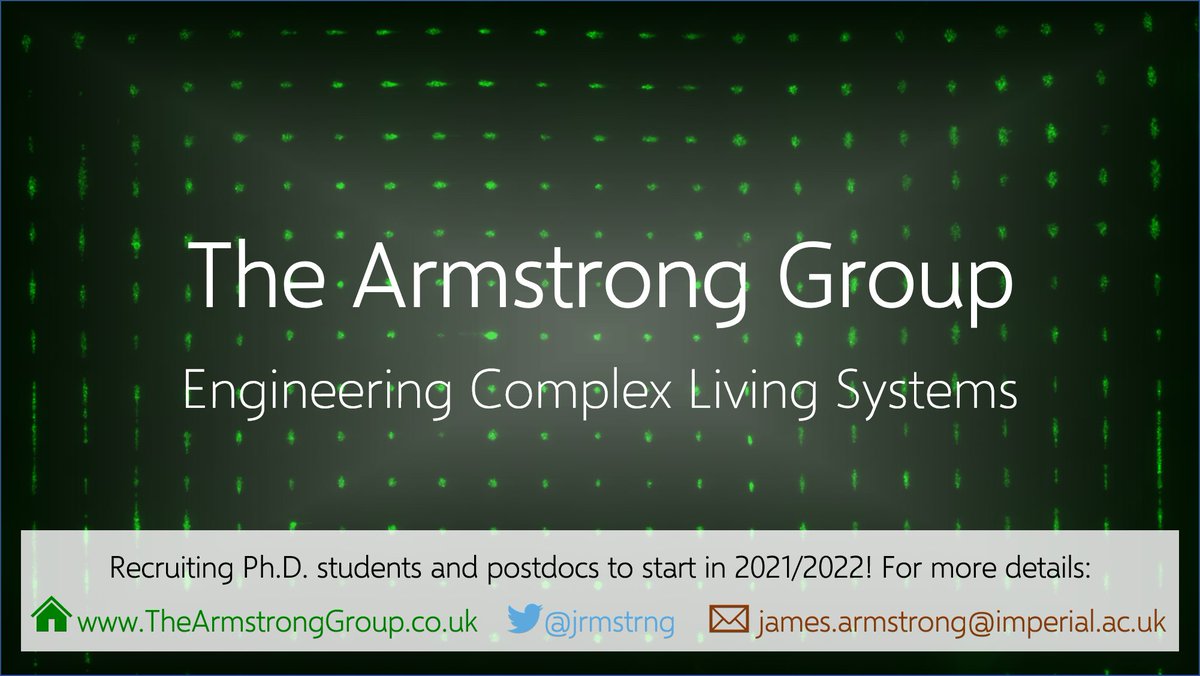 James Armstrong (@jrmstrng) on Twitter photo Big news - I'm starting my new research group in #Engineering #Complex #Living #Systems at <a href="/BristolUni/">University of Bristol</a>! I'm recruiting 1 PhD student and 2 postdocs - check out the brand new group website (thearmstronggroup.co.uk) and email me if interested. Please retweet and share this advert! Big news - I'm starting my new research group in #Engineering #Complex #Living #Systems at <a href="/BristolUni/">University of Bristol</a>! I'm recruiting 1 PhD student and 2 postdocs - check out the brand new group website (thearmstronggroup.co.uk) and email me if interested. Please retweet and share this advert!