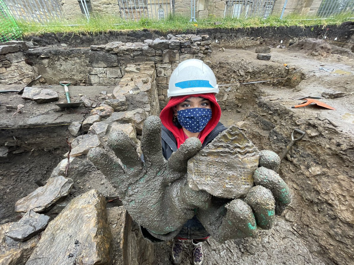 Check out this medieval green glaze sherd Addy found near our interesting stone plinths. This was taken a few days ago, and little does she know here that this discovery would change our whole interpretation of this area... @DUACE2021 <a href="/aucklandproject/">The Auckland Project</a> <a href="/ArcDurham/">Durham Archaeology</a> <a href="/cmgerrard1/">Chris Gerrard</a>