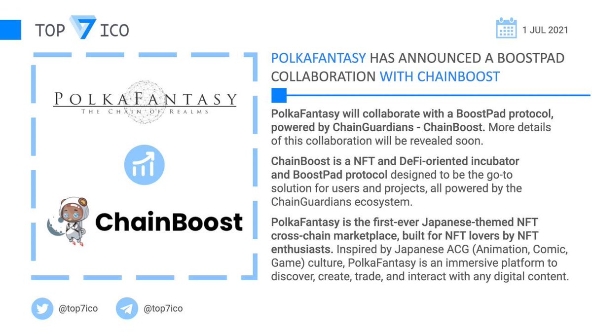 top7ico's tweet photo. PolkaFantasy has announced a BoostPad collaboration with ChainBoost
PolkaFantasy will collaborate with a #BoostPad protocol, powered by @Chain_Guardians - ChainBoost. @PolkaFantasy is the NFT cross-chain marketplace.
👉 https://t.co/h9zOYjPXNQ https://t.co/B4AatgHcXi