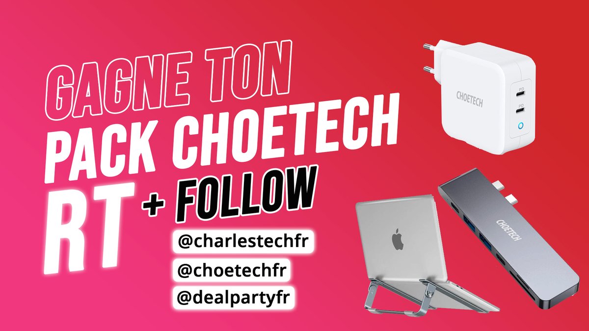 🎁 #CONCOURS avec Choetech ! On vous fait gagner un support pour PC portable, un chargeur 100 WATTS et un dock USB-C pour MacBook Pro / Air ! 🥰

👉 Follow <a href="/charlestechfr/">Charles Tech</a> + <a href="/ChoetechFr/">Choetech France</a> + <a href="/DealPartyFr/">DealPartyFR</a> 
🔁 RT ce tweet
🔔 Active la cloche !

Tirage au sort le 08/07/21
