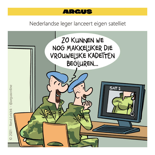 Nederlandse leger lanceert eigen satelliet

#defensie #vrouwonvriendelijk #satelliet #brik2 #brik-II #cartoon