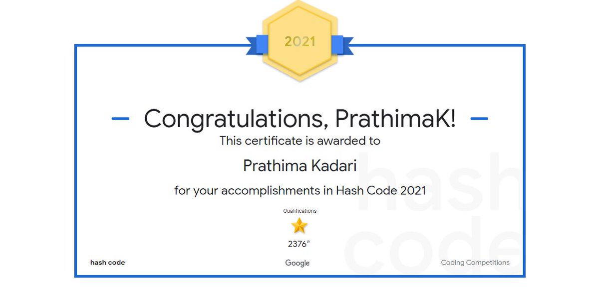 prathima_kadari's tweet image. Glad to share my participation in Google Hashcode. It was a thrilling experience. I got a rank of 2376 worldwide and 536 in india with a score of 8,965,285 among 9000+ other teams. Thanks Google.
#hashcode2021 #google #achievementunlocked #python #competitiveprogramming