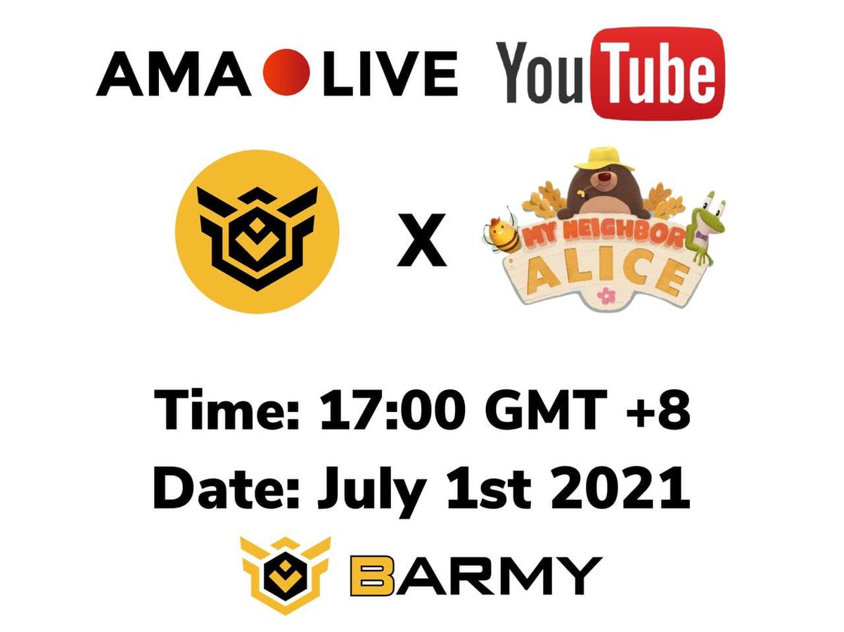 Today we will be holding a live AMA between @BARMY_Official and <a href="/MyNeighborAlice/">Alice</a>
There will be a lot of useful information in the near future.
Our guests:
Lenny Pettersson - CMO
Loraine Gauteul - Game Producer
Time: 17:00 GMT+8 (HKT), July 1st, 2021
Link: youtu.be/vV30bV-YHM8