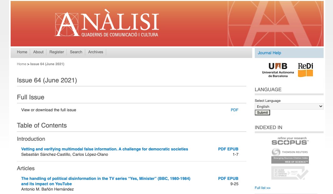 clolano's tweet photo. Encantado de presentaros el número monográfico de la revista Anàlisi sobre desinformación multimodal que he dirigido junto al profesor @Sebastian_VLC y con la participación de @LolaBanon @NadiaA40 entre otros muchos.  Lo podéis consultar en abierto, aquí:
https://t.co/OdM3JRI05y https://t.co/KGCCvKF0fr