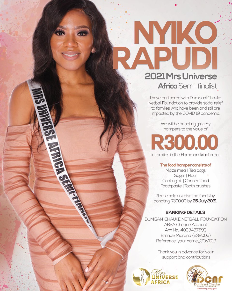 nyikx's tweet photo. Transforming lives 👑🇿🇦 @mrsuniverseAfri 
-
The COVID-19 pandemic has caused direct impacts to many families household income with many, battling/ failing to purchase basic goods.
-
#MrsUniverseAfrica
#MrsUniverseAfrica21
#MrsUniverseAfricaSemiFinalist
#EssenceOfAfricanWomen https://t.co/xRV8GyXboM