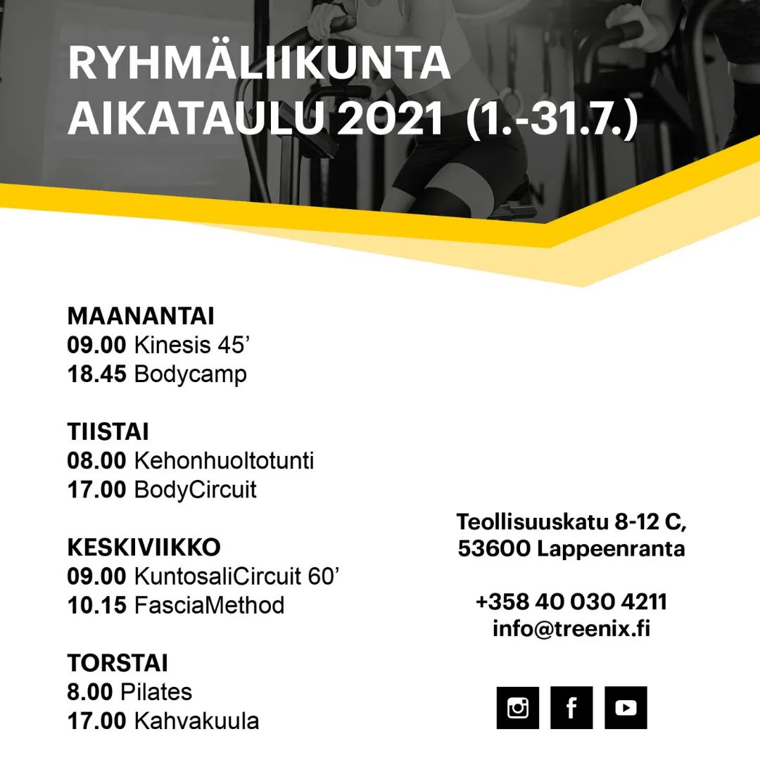 TreenixOy's tweet photo. TreeniX liikuntaklubi palvelee koko kesän ja tässä heinäkuun ryhmäliikunta aikataulu olkaa hyvät! 😎 💪 

🤩 Salillamme on hyvä ilmastointi ja leppoisa tunnelma. 

🤩 Tervetuloa matalan kynnyksen liikuntapaikkaan. 

🤩 Hyvinvoinnin erikoisjoukkomme auttaa sinua mielellään! https://t.co/cG2KV4GP3S