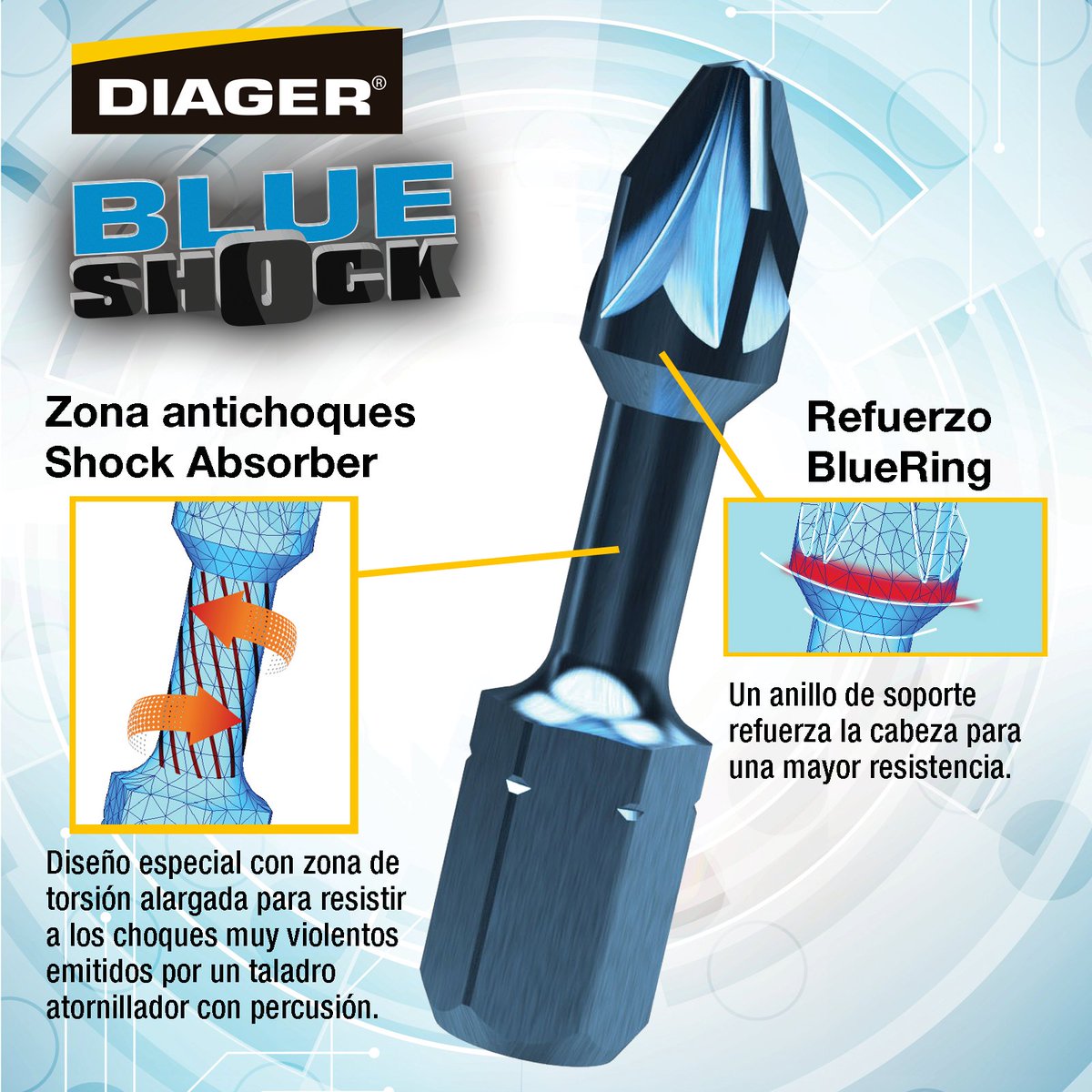 🔵Punta de atornillar Impact Blue-Shock de #Diager

💪Refuerzo #BlueRing: la cabeza viene reforzada por un anillo de soporte para aguantar trabajos aún más intensivos.

💻Accede a nuestra página web para descubrir los distintos modelos de la marca Diager: cutt.ly/gn5TATL