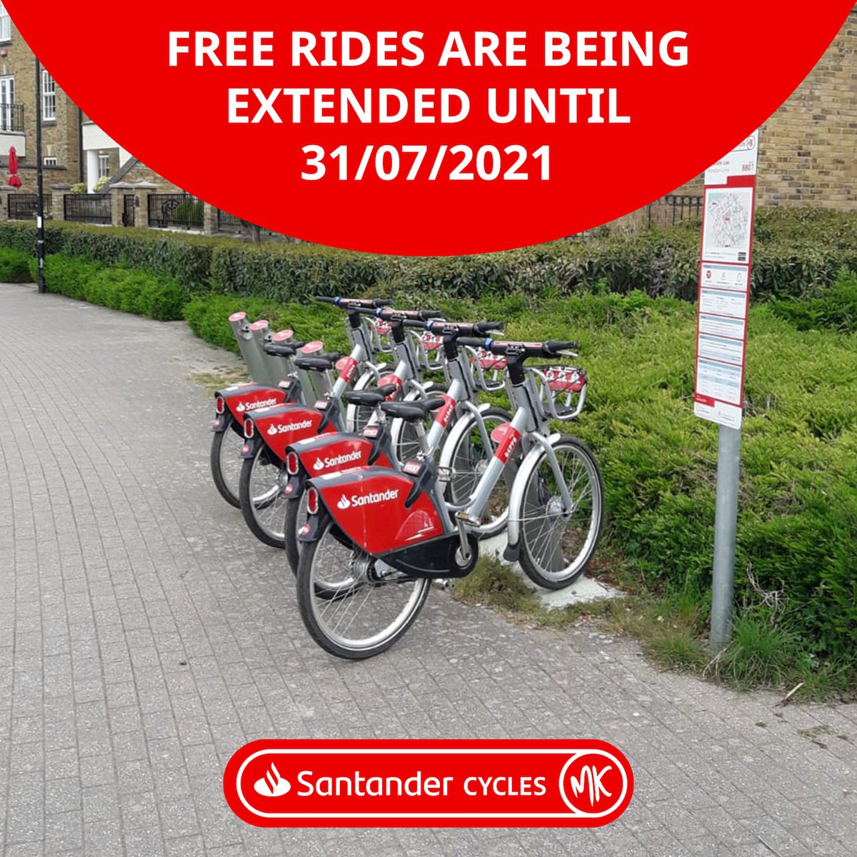 Big announcement in #MiltonKeynes! 📢 FREE rides are being EXTENDED until the END OF JULY 🎉🥳 The first 30 minutes of each Santander Cycles MK ride is FREE ❤️🌈 Why not jump on a Santander Cycles bikes today? 🚲

Find out more ➡️nextbike.co.uk/en/news/free-b…