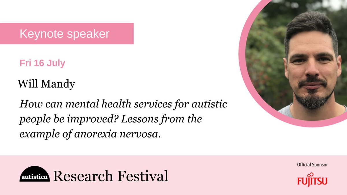 Autistica's tweet photo. Festival keynote announcement! 📢
Listen to @WillClinPsy discuss adaptations for mental health services on Friday July 16th at 10:00am (UK)

Book your #AutisticaFestival tickets
https://t.co/Ccwrj2aYgm

Thanks to our charity partners, @fujitsu_uk for sponsoring the Festival https://t.co/jETNdCidVk