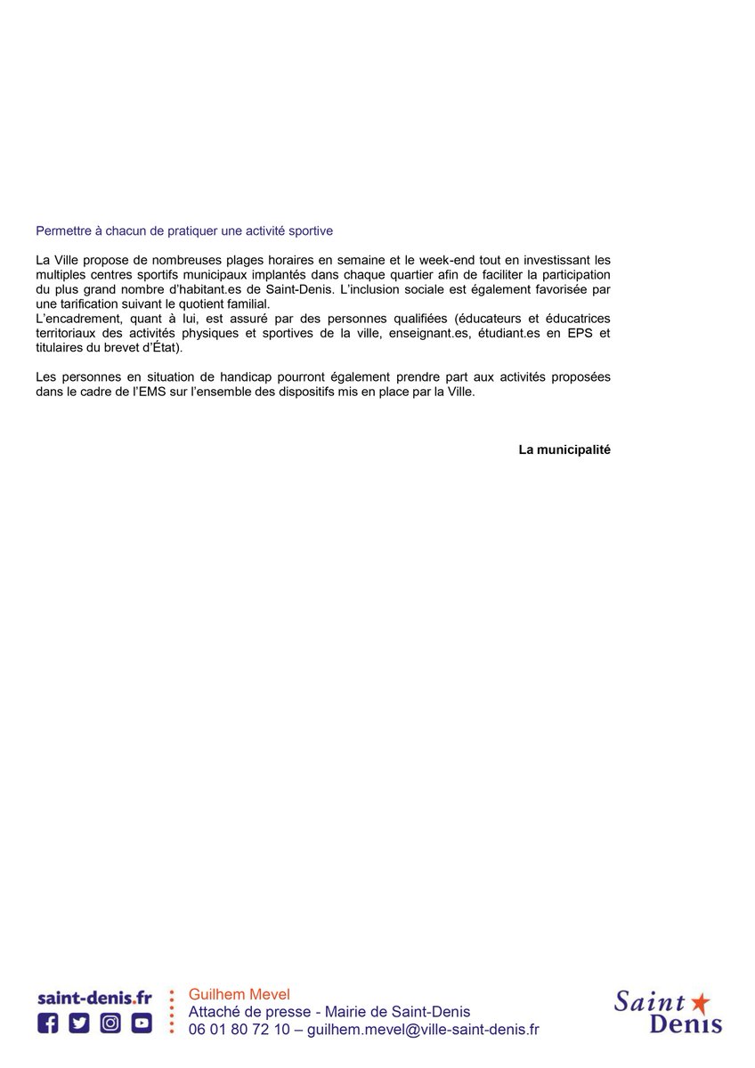 I COMMUNIQUÉ DE PRESSE I
L'École municipale des sports s’ouvre à tous les publics !

⬇️Retrouvez le communiqué en ligne⬇️
ville-saint-denis.fr/communique/l%E…