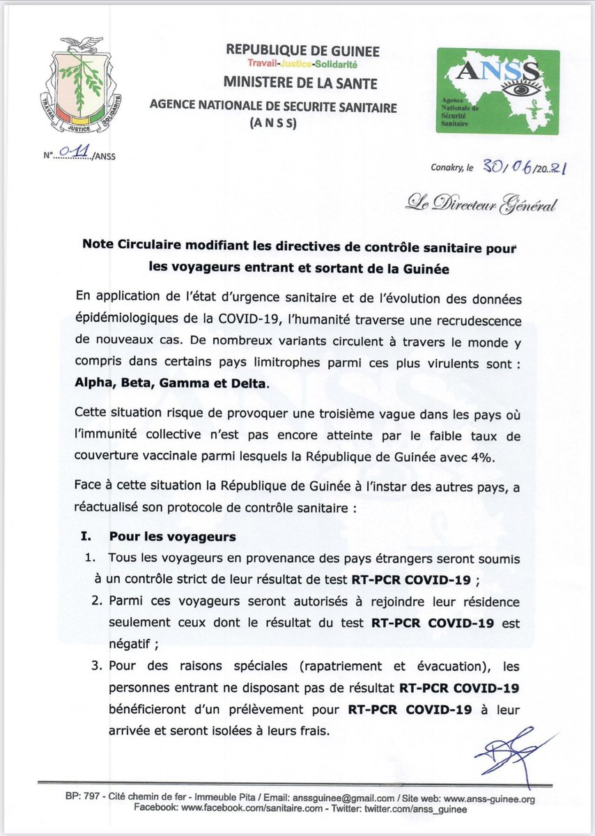 Note circulaire modifiant Les directives de contrôle sanitaire pour les voyageurs entrants et sortants de la Guiné.
