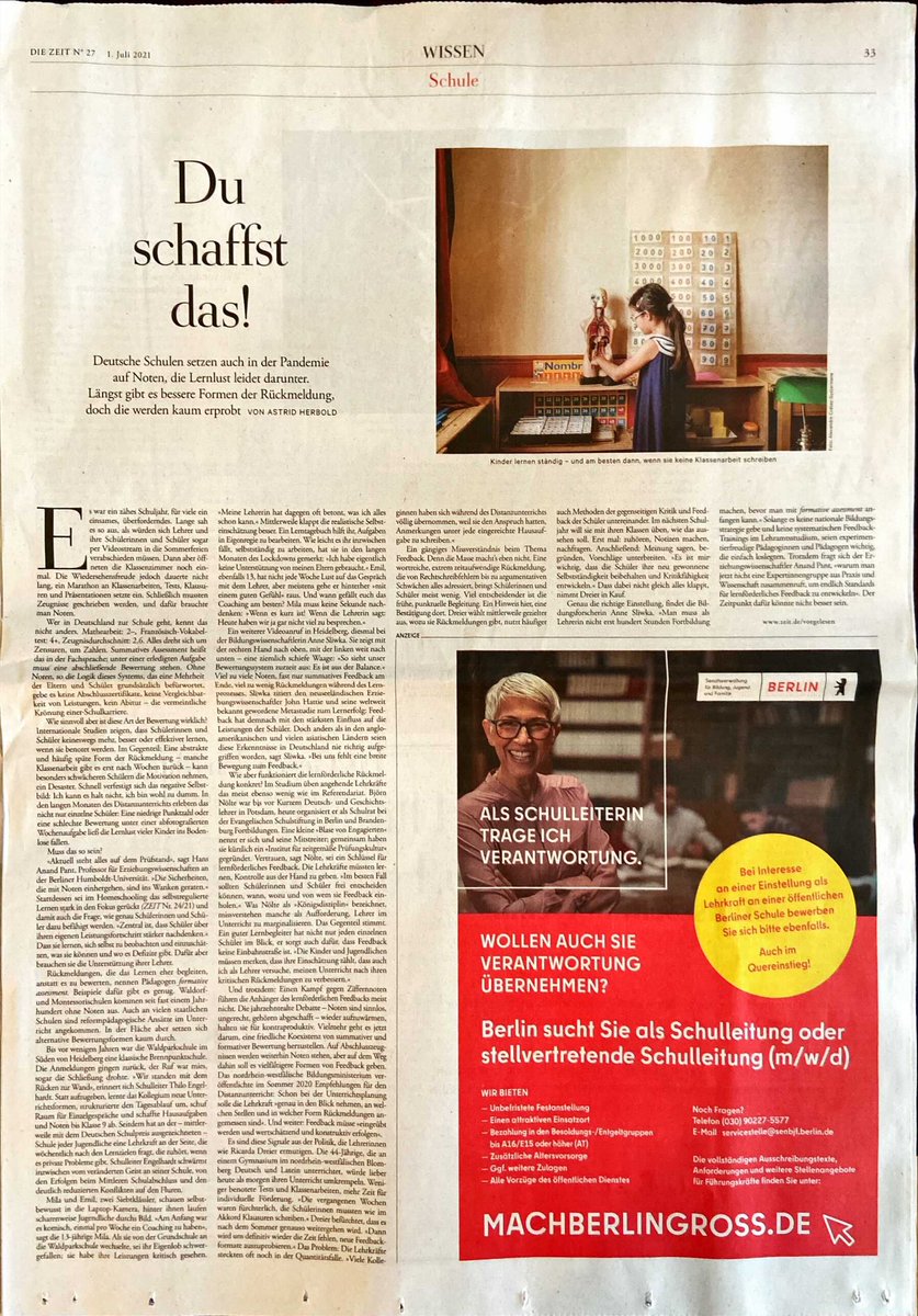 In der heutigen <a href="/DIEZEIT/">DIE ZEIT</a> konnten @RicardaDreier und ich neben <a href="/SliwkaAnne/">Anne Sliwka</a> u. a. etwas zum Thema Feedback sagen. Schade: Ohne die Recruiting-Anzeige des Berliner Senats wäre noch etwas mehr Platz für formative assessment gewesen… 😉
#notenade @pruefungskultur #twlz