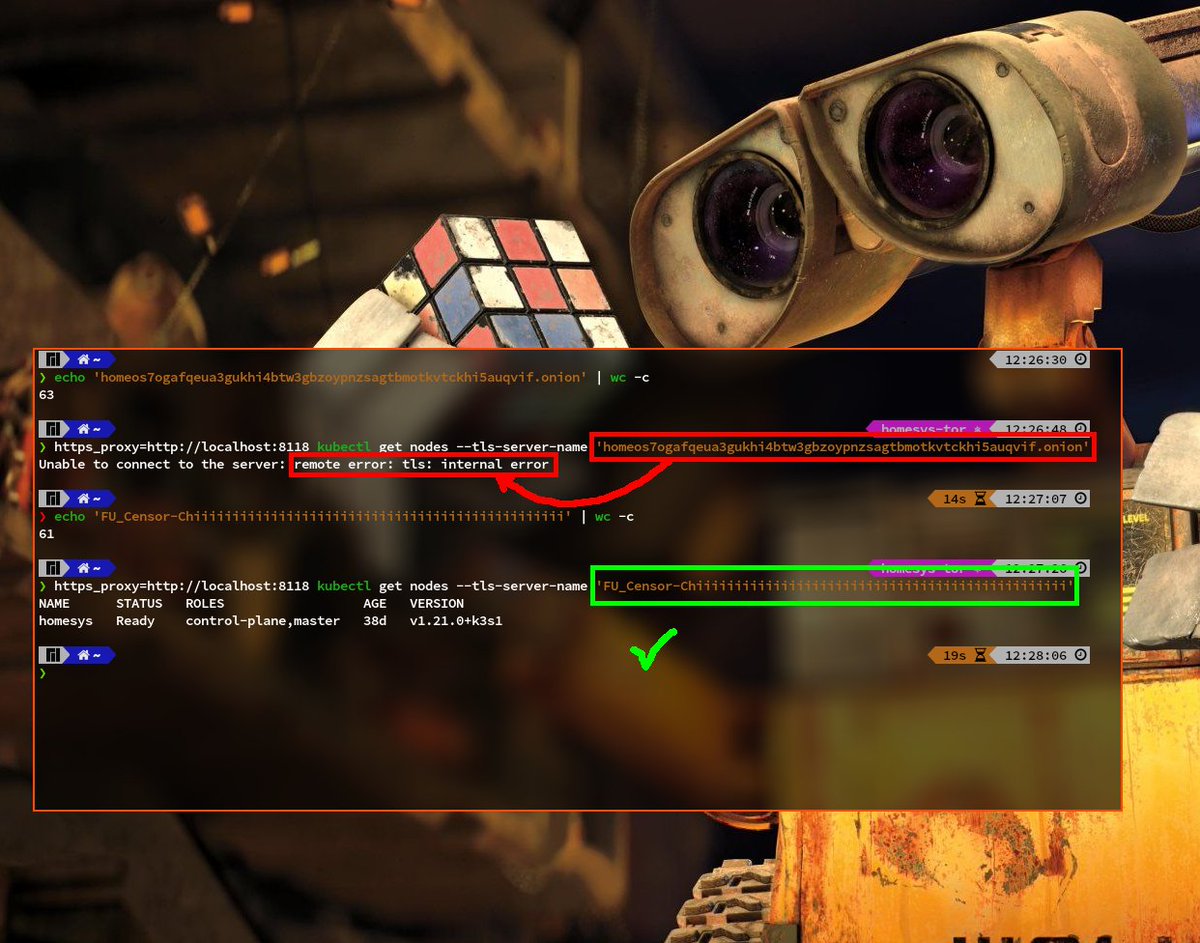 BackendD's tweet image. پورت api کوبرنتیز رو توی شبکه TOR اکسپوز کردم، بلکه فیلترینگ و تحریم رو رد کنم و از مواهب بلاد کفر (GitLab-CI) مستفیض بشم و گس وات؟ توی tls-server-name محدودیت 61 کاراکتری هست.

توی این خراب شده یه سناریوهایی هس که جوابش تو هیچ قوطی عطاری‌ای نیس بخدا :)) نصف روز علافش شدم.