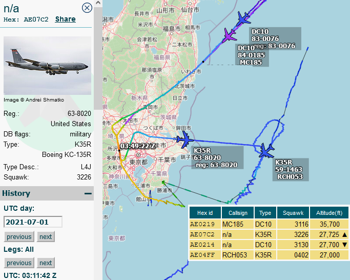 SirListenalot's tweet photo. ~0310z #KC10's #AE0219 as #RCH051 and #AE0214 as #RCH052 (Eielson - Yokota) handed off six #F15's to #KC135 #AE04FF as #RCH053 (round trip Yokota) earlier. #KC135 #AE07C2 as #RCH054 out of Yokota is about to take over. https://t.co/BShtZI17xa