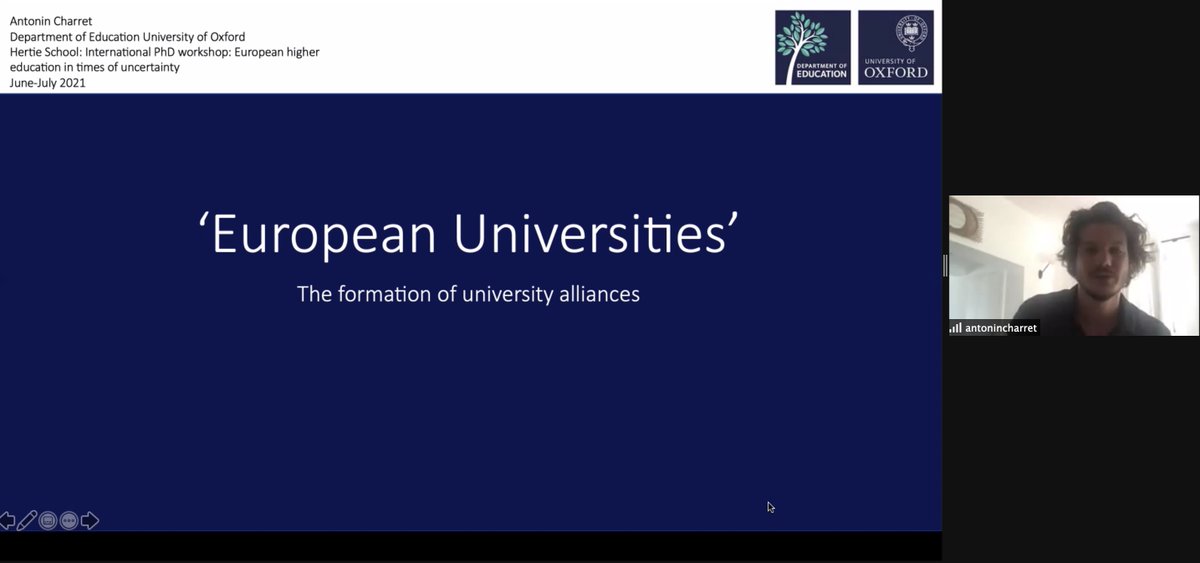 annapriscalohse's tweet photo. In our second panel, @europraline, Hana Fehrenbach and @AntoninCharret presented new trends in university internationalisation covering cross-border cooperation, strategic alliances, and the European University Initiative. Thanks Marcelo Marques for chairing! #HErtiePhDWorkshop https://t.co/75aPnoNxkF