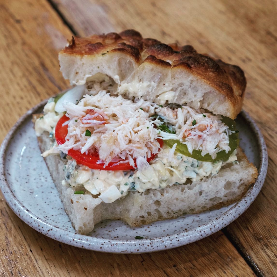 Thursday / Open 9am-10pm / NO need to book - Todays must-try comes from <a href="/LittleWindowAlt/">Little Window</a> New on… this sandwich is unreal.. 

Cornish crab, egg mayonnaise gribiche and organic beef tomatoes all packed in the house made focaccia made by the team daily.
