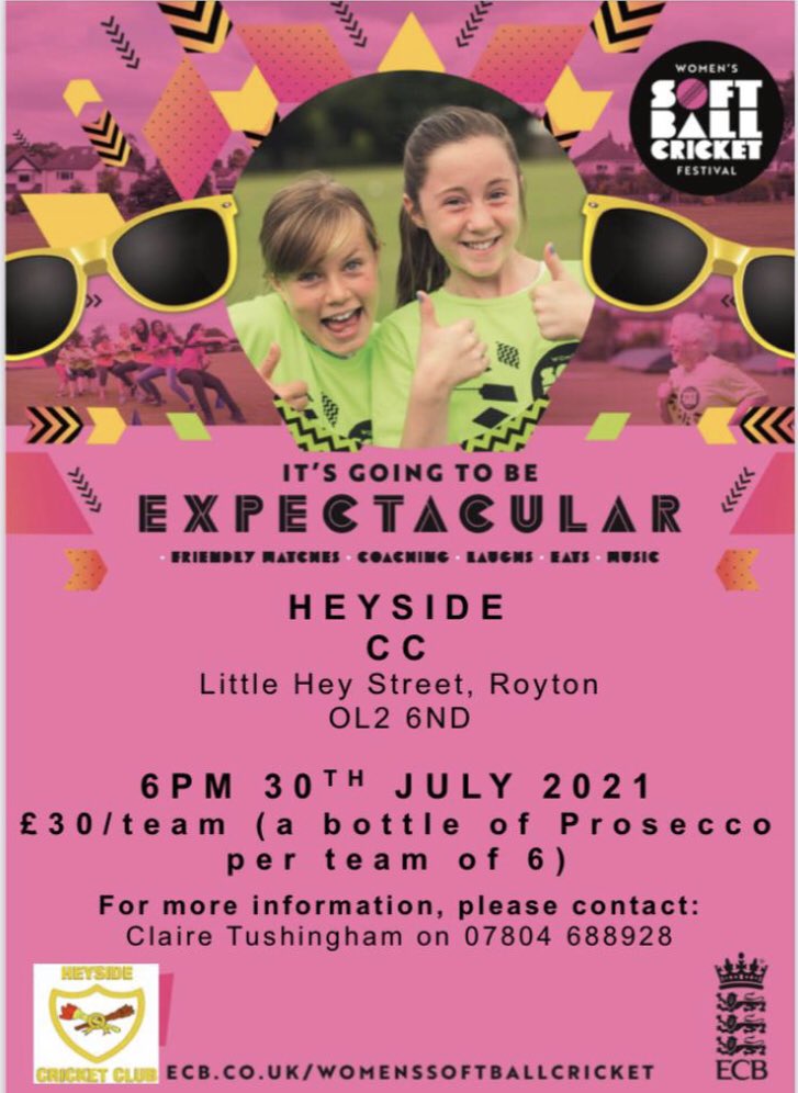 Calling all ladies and girls! Heyside’s Softball tounrmanent  is be held on Fri 30th July. No experience needed. It’s a fab evening!