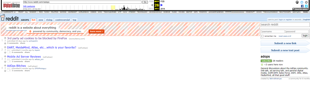 March 26, 2013: when r/adops was just 28 readers and the top story was about FireFox not allowing 3rd party cookies.

The more things change...

#adtech #3rdpartycookies #adops