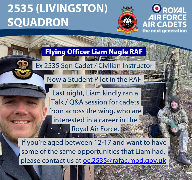 Last night we had a virtual visit from one of our Ex-Cadets / Staff, Flying Officer Liam Nagle, who joined the RAF in 2020.  Liam kindly ran a Talk / Q&amp;A session for cadets from across <a href="/SESCOTWING/">South East Scotland Wing</a>, who are interested in a career in the RAF.
#rafac #whatwedo @arc_sni <a href="/ComdtAC/">Commandant RAF Air Cadets</a>