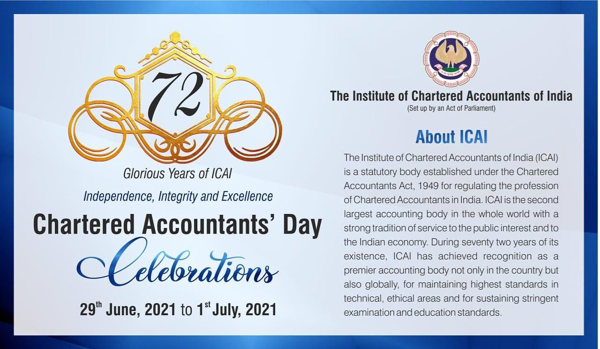 sonalgoelias's tweet photo. Proud to be belonging to Family of Chartered Accountants!

Backbone of financial system, 
my best wishes to the #CA fraternity on #NationalCADay.

May they continue contributing for accelerating India's economic growth through improved transparency &amp; financial prudence.
@theicai https://t.co/2X5Y2D8iUx