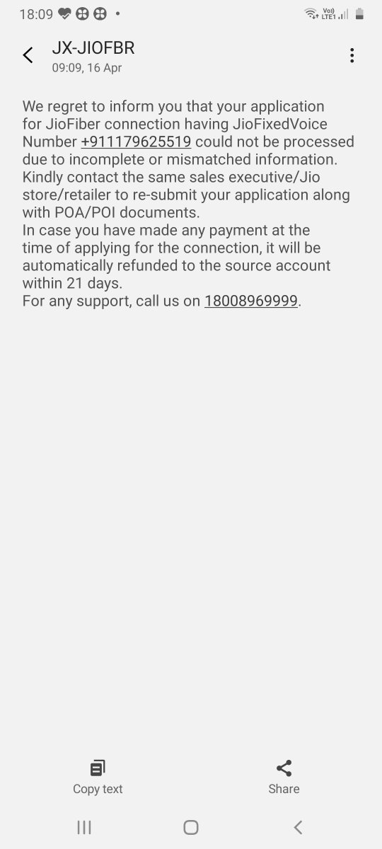 om_krishan's tweet photo. Rs. 1500 has been deducted for installation of Jiofiber on 16.04.2021. The application got rejected due to incompleteness and got message for refund the amount within 10 days, but so far after interacting jio CC,did not get the amount.
@MukeshAmbanima  @reliancejio @reliancegroup https://t.co/6eNqoqniB8