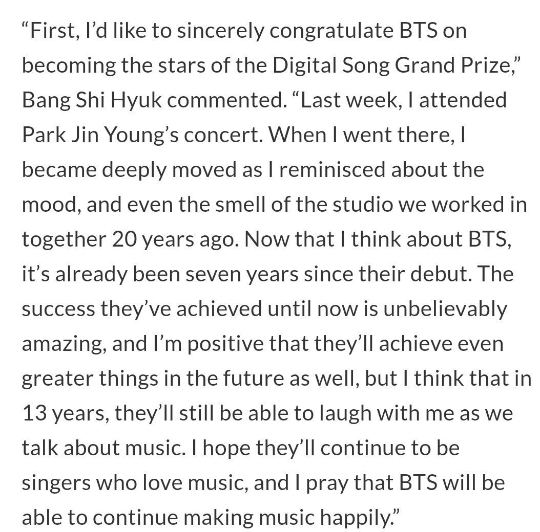 90_cestlavie's tweet photo. "I’m positive @BTS_twt will achieve even greater things but I think that in 13 years, they’ll still be able to laugh with me as we talk abt music. I hope they’ll continue to be singers who love music &amp; I pray that BTS will be able to continue making music happily.”
Bang PD 2020 https://t.co/NEW4qGy87O