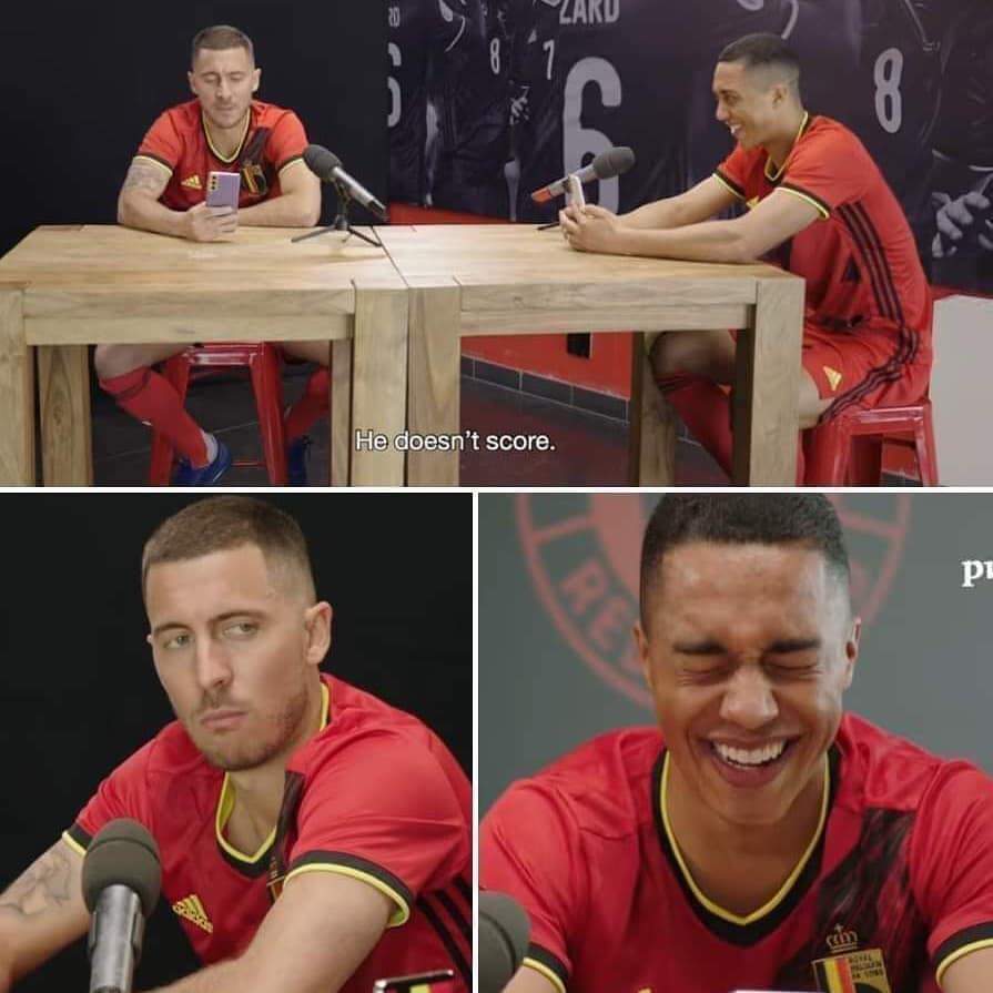 FootballFunnnys's tweet photo. Eden Hazard: "Will I do the same celebration that Tielemans does when he scores? He doesn't score.

Youri Tielemans: "I scored more goals than you this season." 

😂😂😂 https://t.co/oFY5Krr3hS