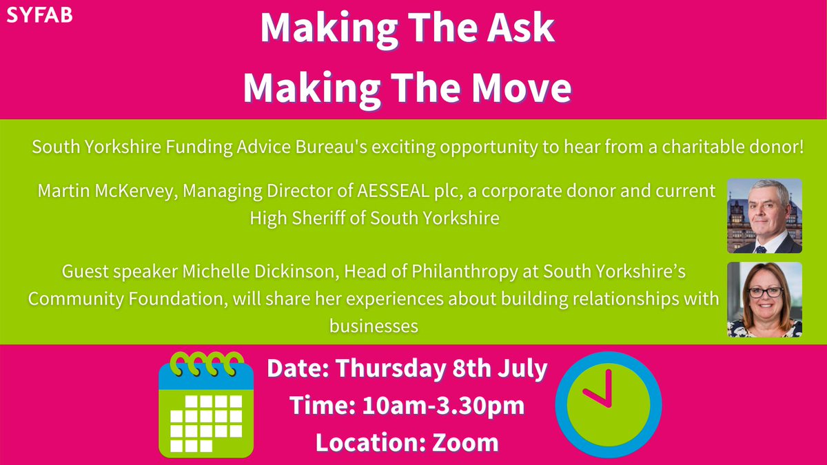 We are really excited to deliver Making The Ask 🗣️ Making The Move 🤝 next Thursday 😀

🖥️ Held on Zoom, with a discount 💷 available for #Sheffield groups, community groups will get advice and tips from the experts 🙌

📝 Sign-up ➡️ bit.ly/2SFcEKh