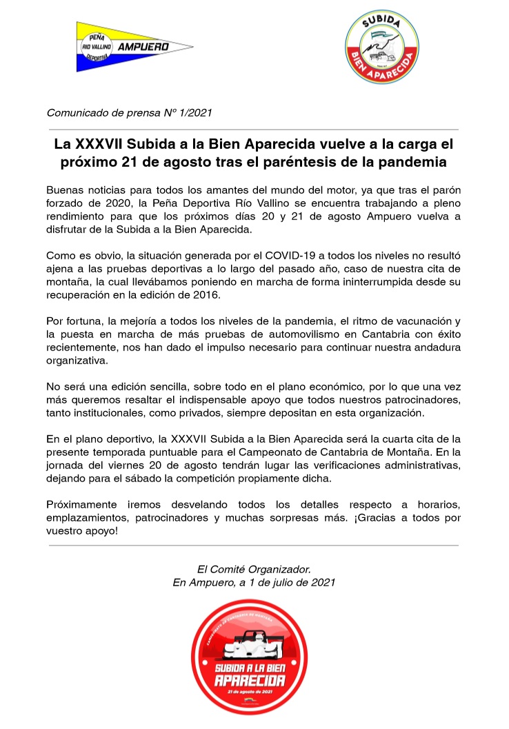 📝⬇️ [Comunicado de prensa Nº 1/2021]

🤩💪 La XXXVII Subida a la Bien Aparecida vuelve a la carga el próximo 21 de agosto tras el paréntesis de la pandemia.