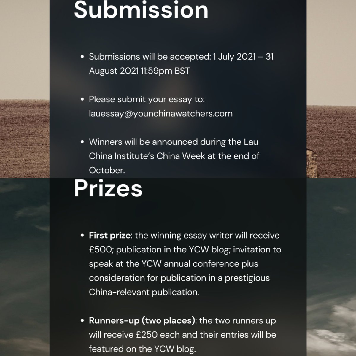lauchinainst's tweet photo. 🌏 The Lau China Institute in partnership with @YCW_Global is pleased to invite submissions for our 2021 essay competition, themed on ‘#China, the #environment and #ClimateChange’. 
For full terms and conditions, please visit: https://t.co/OU3ydPwADU https://t.co/9qQlyf0wZf