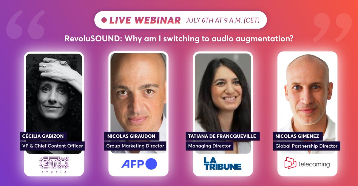AFPcom's tweet photo. 📅 #RevoluSOUND Webinar: why am I switching to audio augmentation? @ETX_Studio & @afpfr will share insights around #audio & learn about the experiences from Tatiana de Francqueville @LaTribune 🇫🇷 & Nicolas Gimenez @telecoming 🇪🇸
Registration 👉 https://t.co/pRRWOcRits https://t.co/98QsaQZCF8