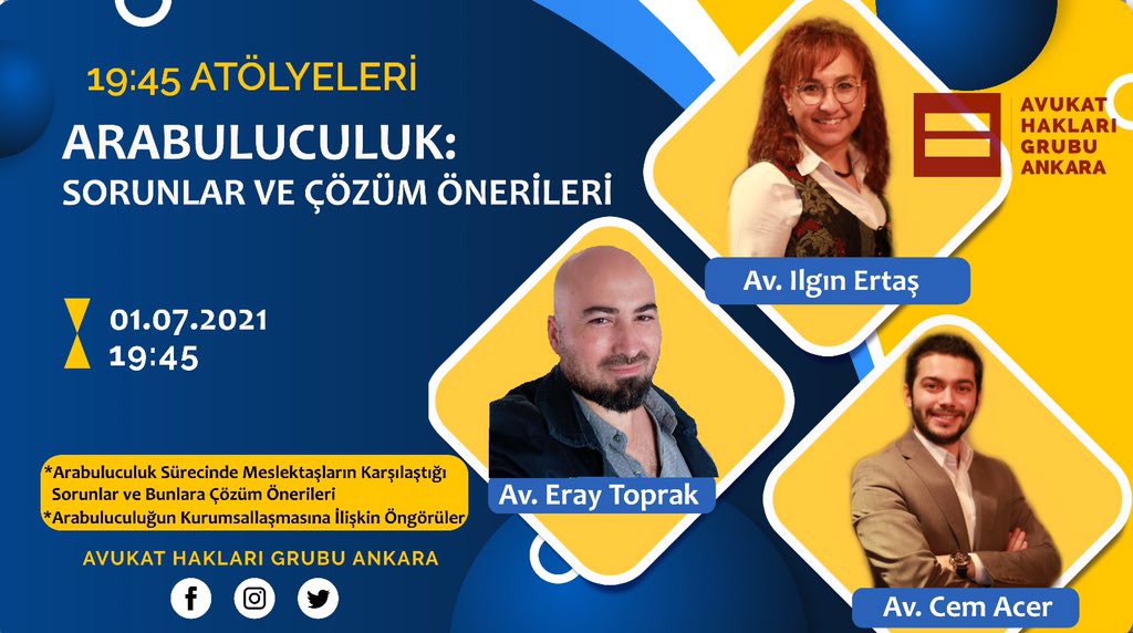 Tür: Canlı Yayın

Konu: Arabuluculuk: Sorunlar ve Çözüm Önerileri

Düzenleyen: <a href="/AHGAnkara/">Avukat Hakları Grubu Ankara</a> 

Konuşmacı: <a href="/averaytoprak/">Eray Toprak</a> 

Tarih: 01.07.2021

Saat: 19.45

Katılım: hukuktakvimin.com/etkinlikler/ar…

#hukuktakvimin #arabuluculuk #sorun #çözüm #öneri #söyleşi #canlı #hukuk