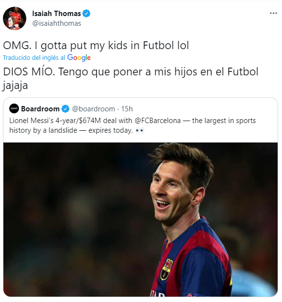 elchiringuitotv's tweet photo. 😱 ESTRELLAS DE LA NBA reaccionan al SUELDO DE MESSI:

💥 @KDTrey5: "DE LOCOS".

💥 @isaiahthomas: "Tengo que poner a mis hijos a jugar al fútbol". 

Nos vemos a las 15:10 en #JUGONES. https://t.co/16RJXTjfrn