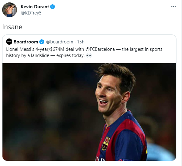 elchiringuitotv's tweet photo. 😱 ESTRELLAS DE LA NBA reaccionan al SUELDO DE MESSI:

💥 @KDTrey5: "DE LOCOS".

💥 @isaiahthomas: "Tengo que poner a mis hijos a jugar al fútbol". 

Nos vemos a las 15:10 en #JUGONES. https://t.co/16RJXTjfrn