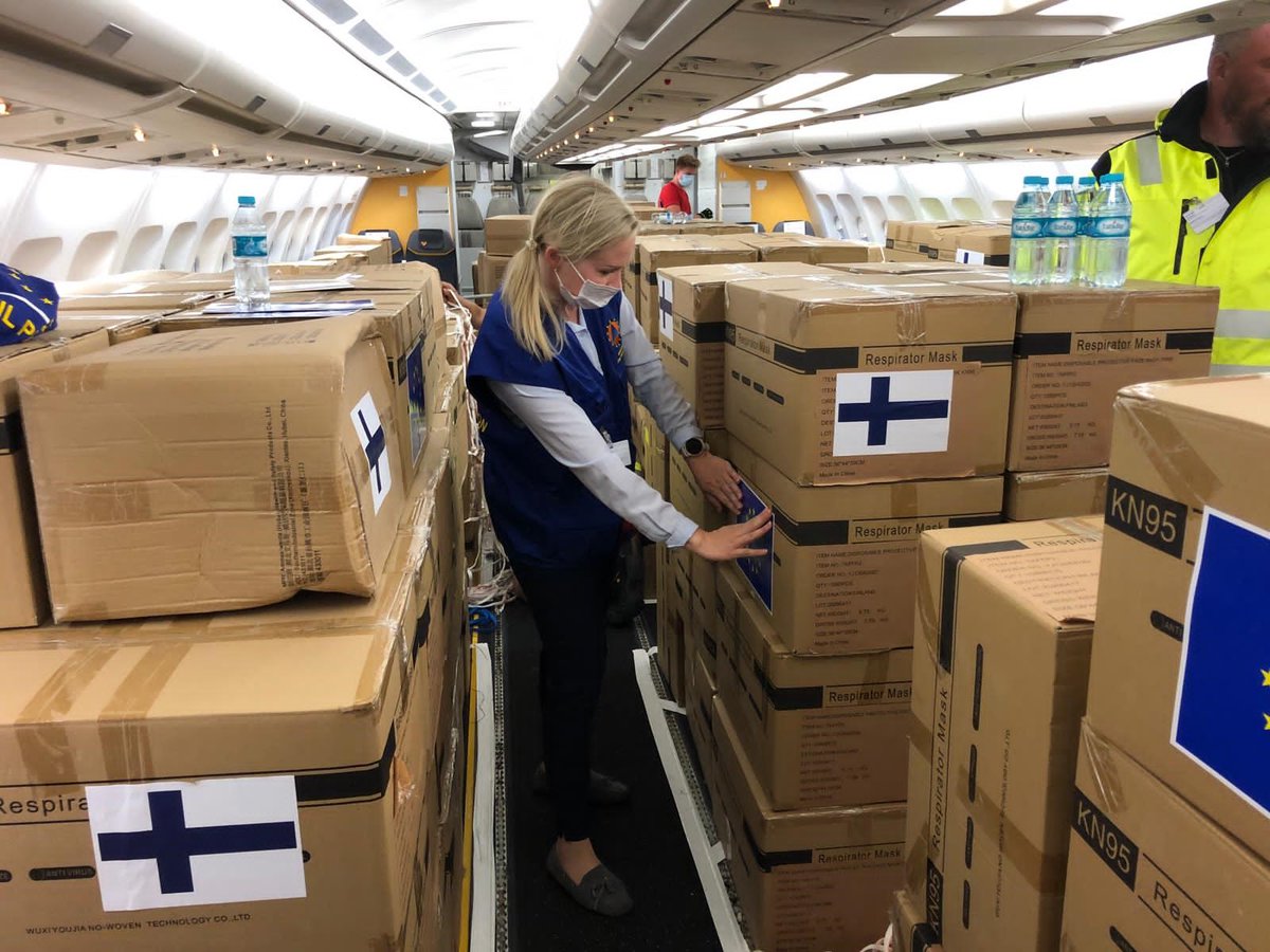 As the devastating third wave of #COVID19 hits Namibia, Finland donates a planeload of medical equipment to Namibian hospitals, with @eu_echo via EU civil protection mechanism. The flight departed Helsinki this morning and is on its way to Namibia. @Sisaministerio @MIRCO_NAMIBIA https://t.co/aiVy4dbHho