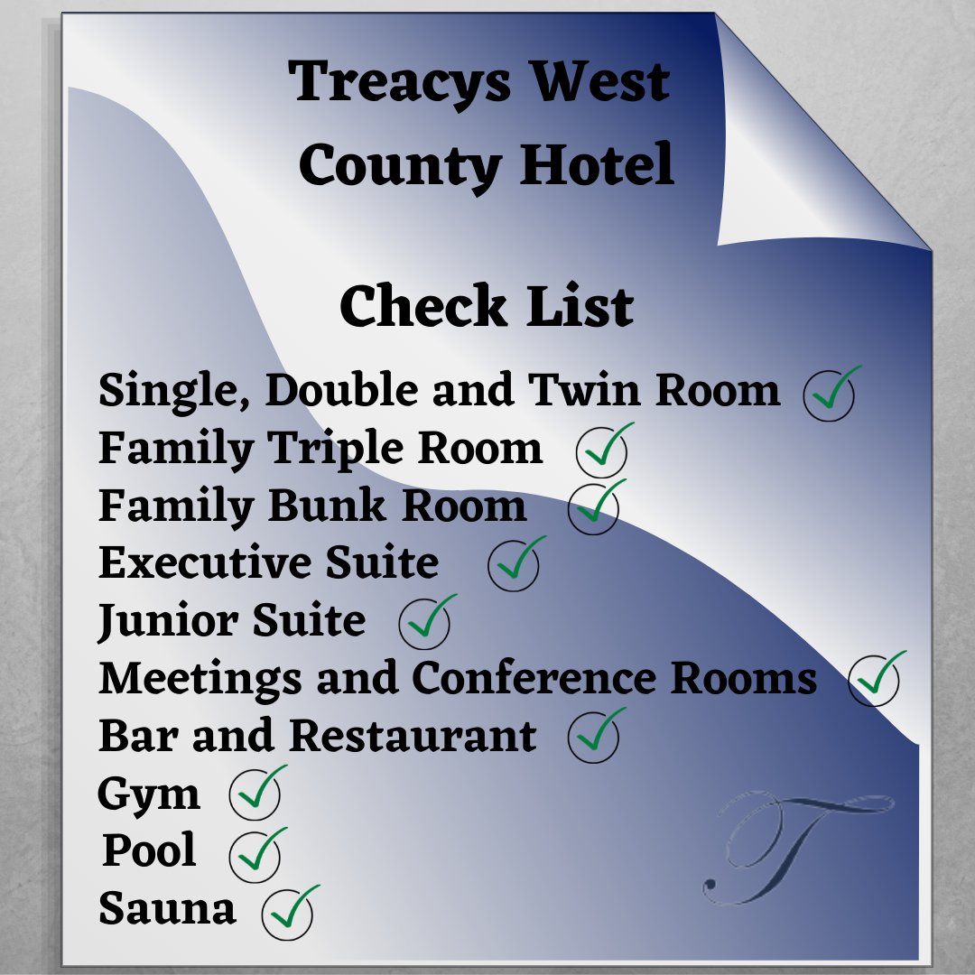 A checklist to keep you updated on our hotel facilities✔️

We have a special place for you, whether you are traveling alone, with a friend, partner, the whole family, or for business purposes. 

Check our website for more information at treacyswestcounty.com

#TreacysWestCounty